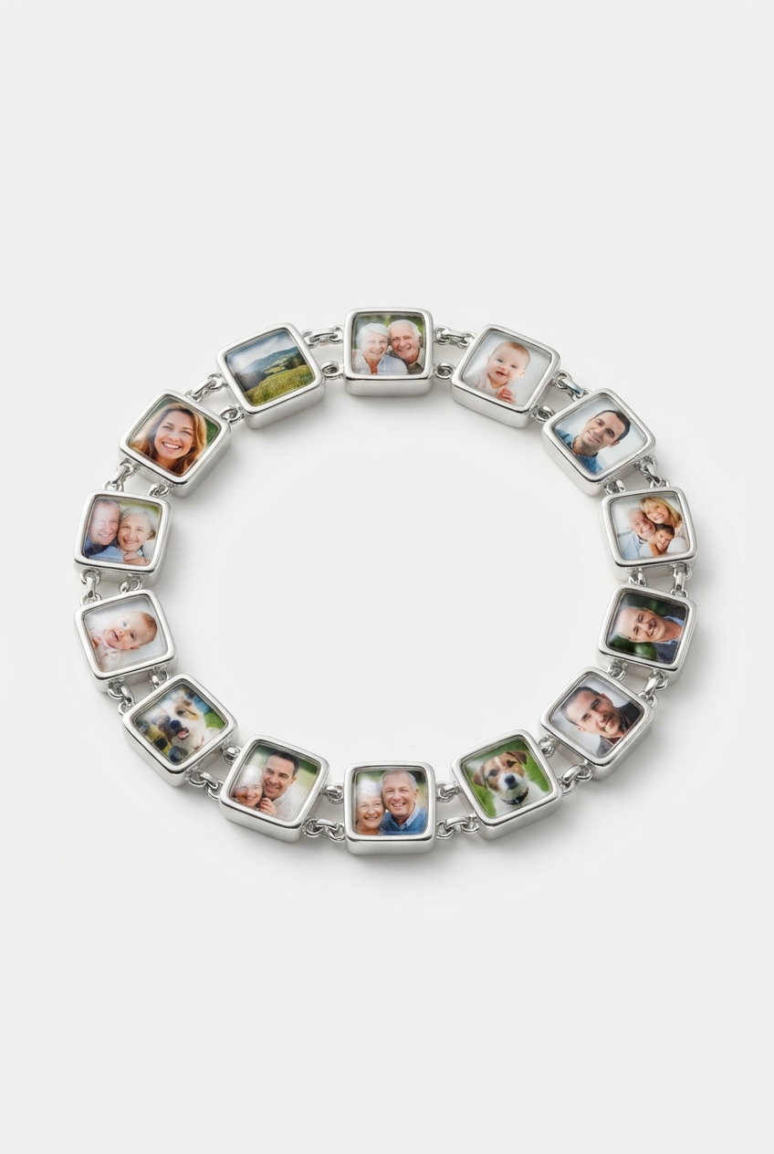 Photo charm bracelet on off-white background