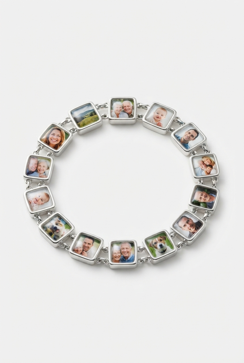 Photo charm bracelet on off-white background