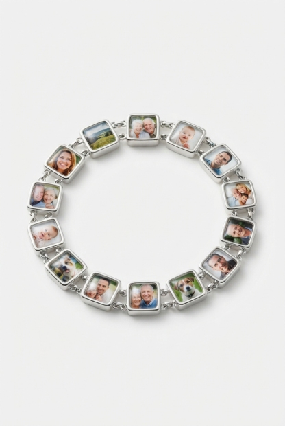 Photo charm bracelet on off-white background