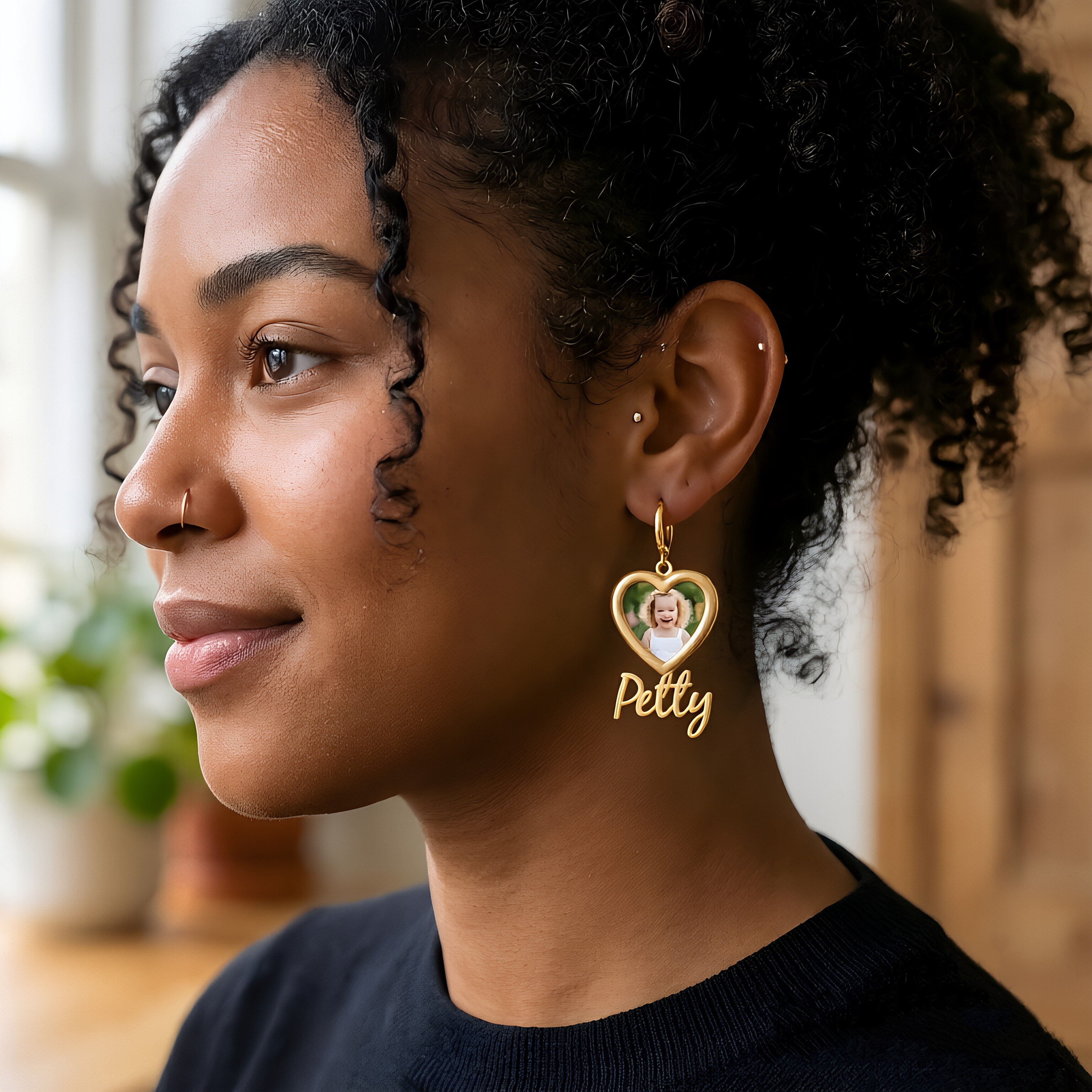 Custom Heart Photo with Name Dangle Earrings