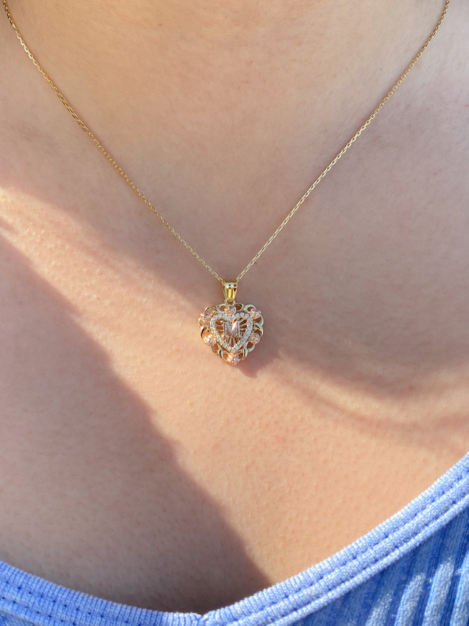 Gold Plated Silver Zircon Rose Heart Initial Necklace