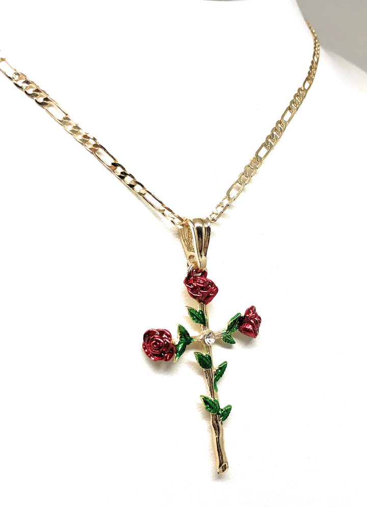 Tri-Color Rose Cross Pendant Necklace Christian Jewelry