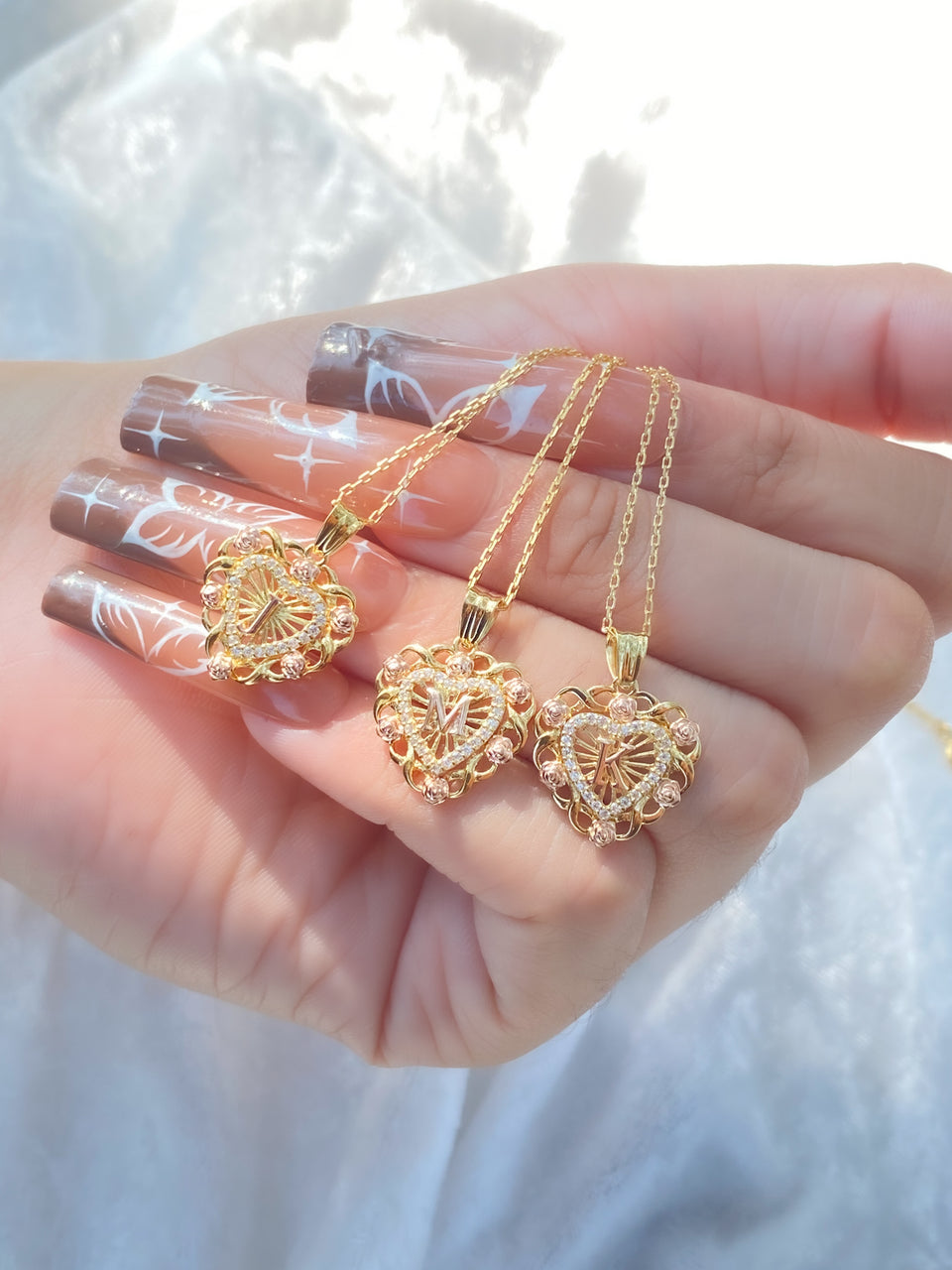 Gold Plated Silver Zircon Rose Heart Initial Necklace