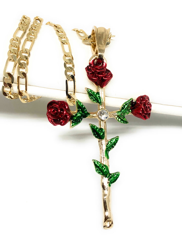 Tri-Color Rose Cross Pendant Necklace Christian Jewelry