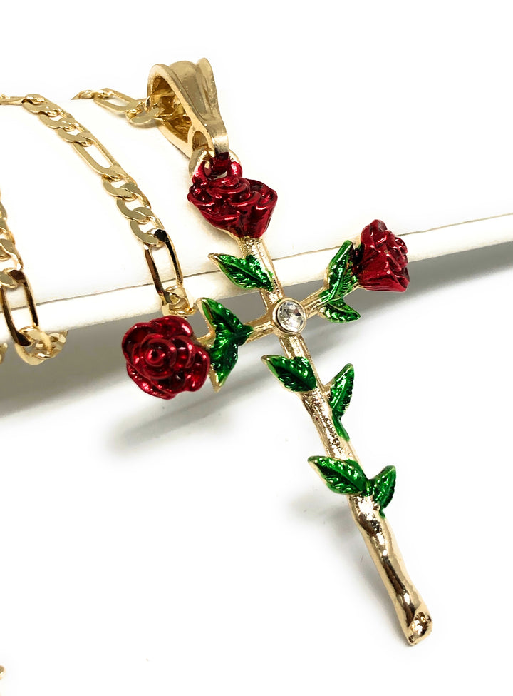 Tri-Color Rose Cross Pendant Necklace Christian Jewelry