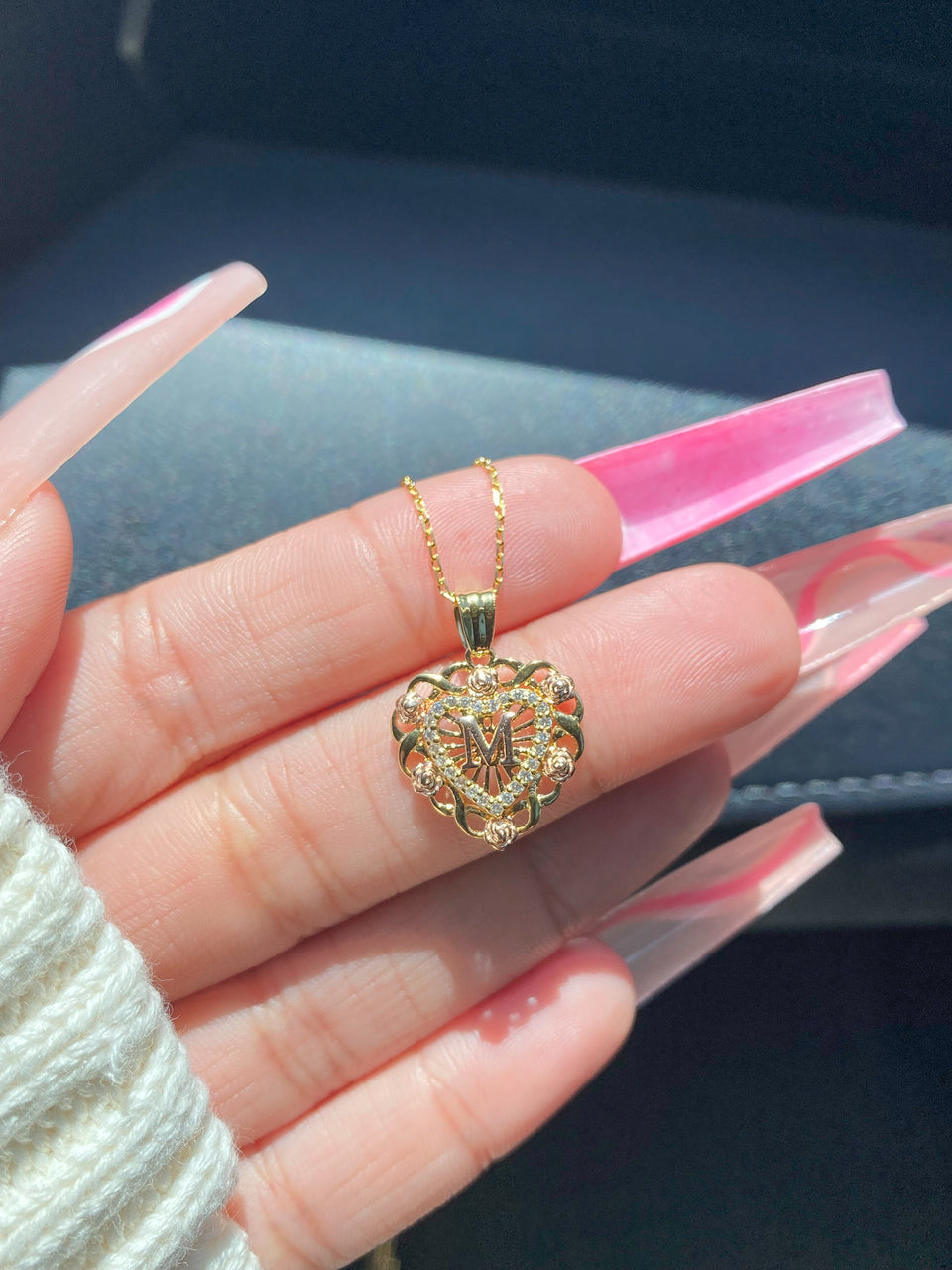 Gold Plated Silver Zircon Rose Heart Initial Necklace