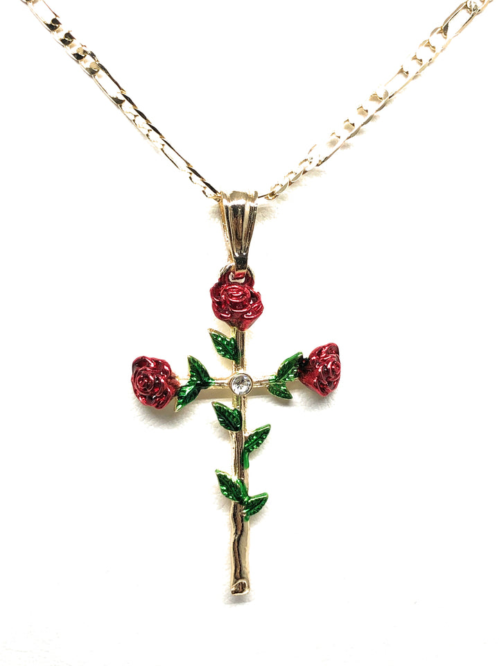 Tri-Color Rose Cross Pendant Necklace Christian Jewelry