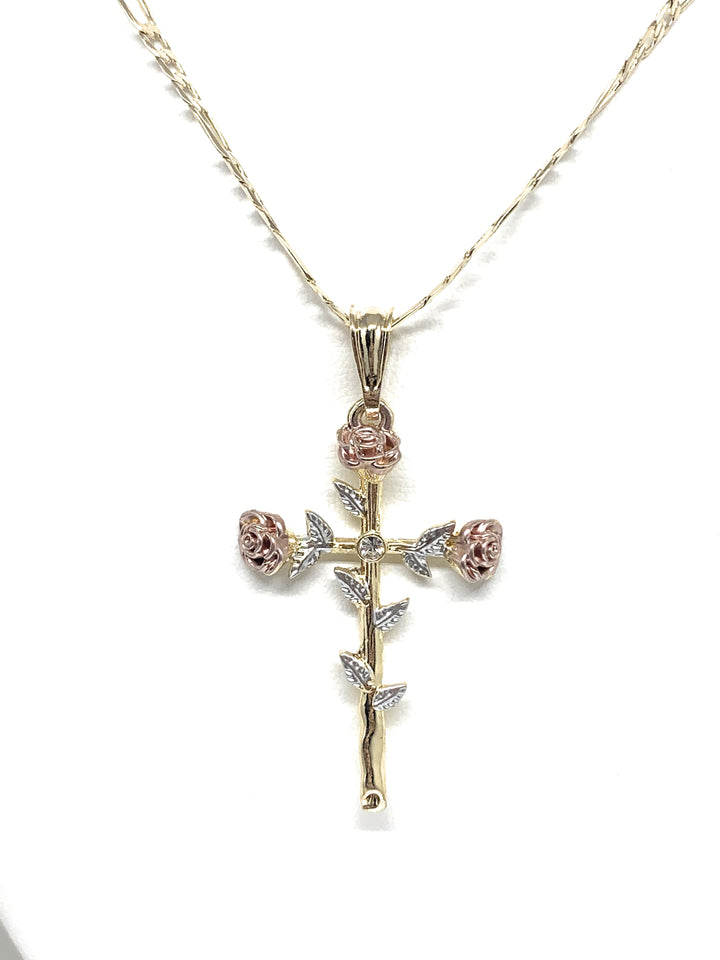 Tri-Color Rose Cross Pendant Necklace Christian Jewelry