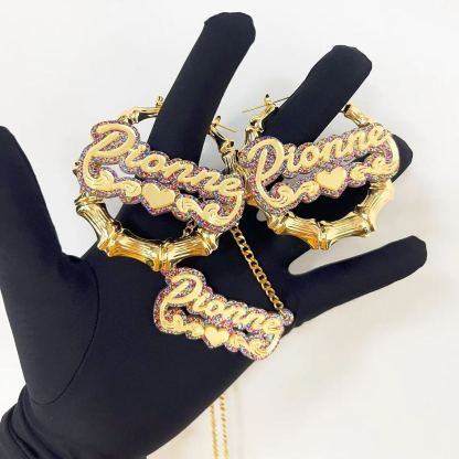 [Copy]Butterfly Design Personalized Herringbone Name Necklace And Bamboo Name Earrings Jewelry Set 2pcs 