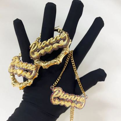 [Copy]Butterfly Design Personalized Herringbone Name Necklace And Bamboo Name Earrings Jewelry Set 2pcs 