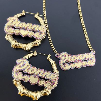 [Copy]Butterfly Design Personalized Herringbone Name Necklace And Bamboo Name Earrings Jewelry Set 2pcs 