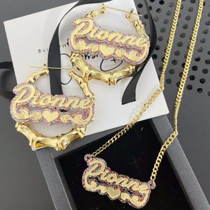 [Copy]Butterfly Design Personalized Herringbone Name Necklace And Bamboo Name Earrings Jewelry Set 2pcs 