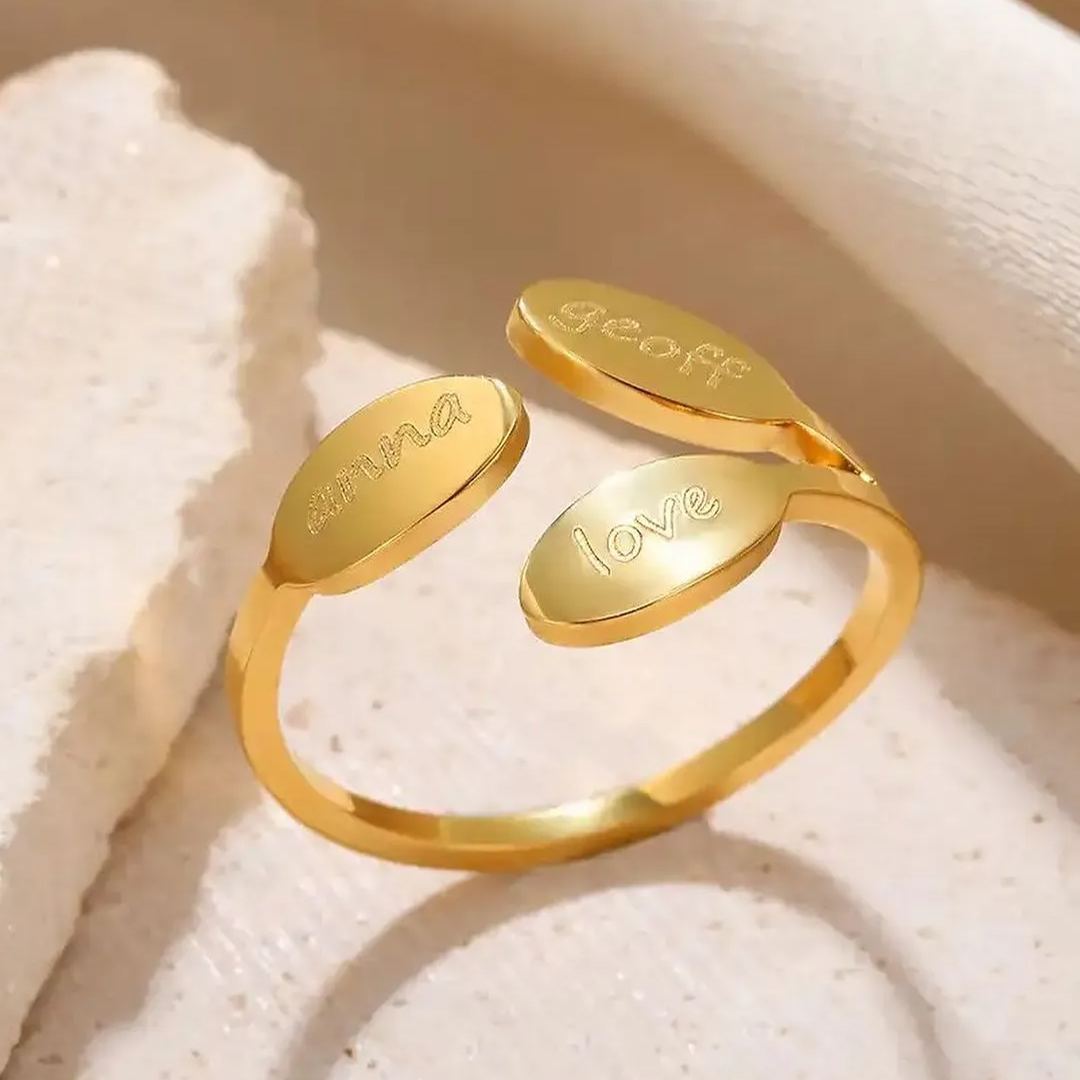 Custom Gold Plated Engraved Leaf Name Ring