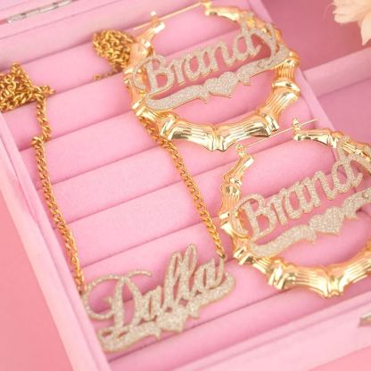 Bling Nameplate with Heart Personalized Necklace Bamboo Earrings Set