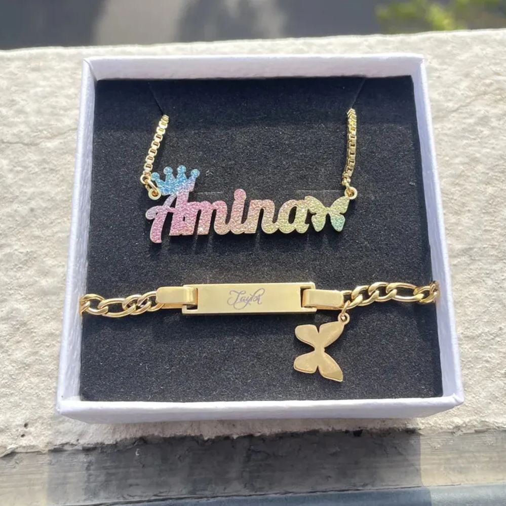 Personalized Colorful Butterfly Crown Name Necklace And Engraved Bracelet Set For Kids