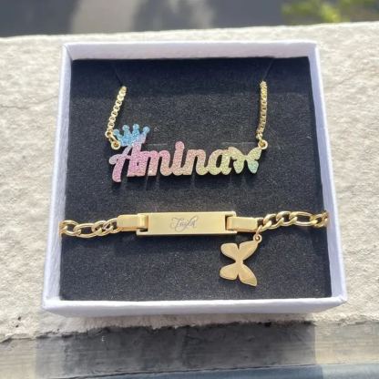 Personalized Colorful Butterfly Crown Name Necklace And Engraved Bracelet Set For Kids
