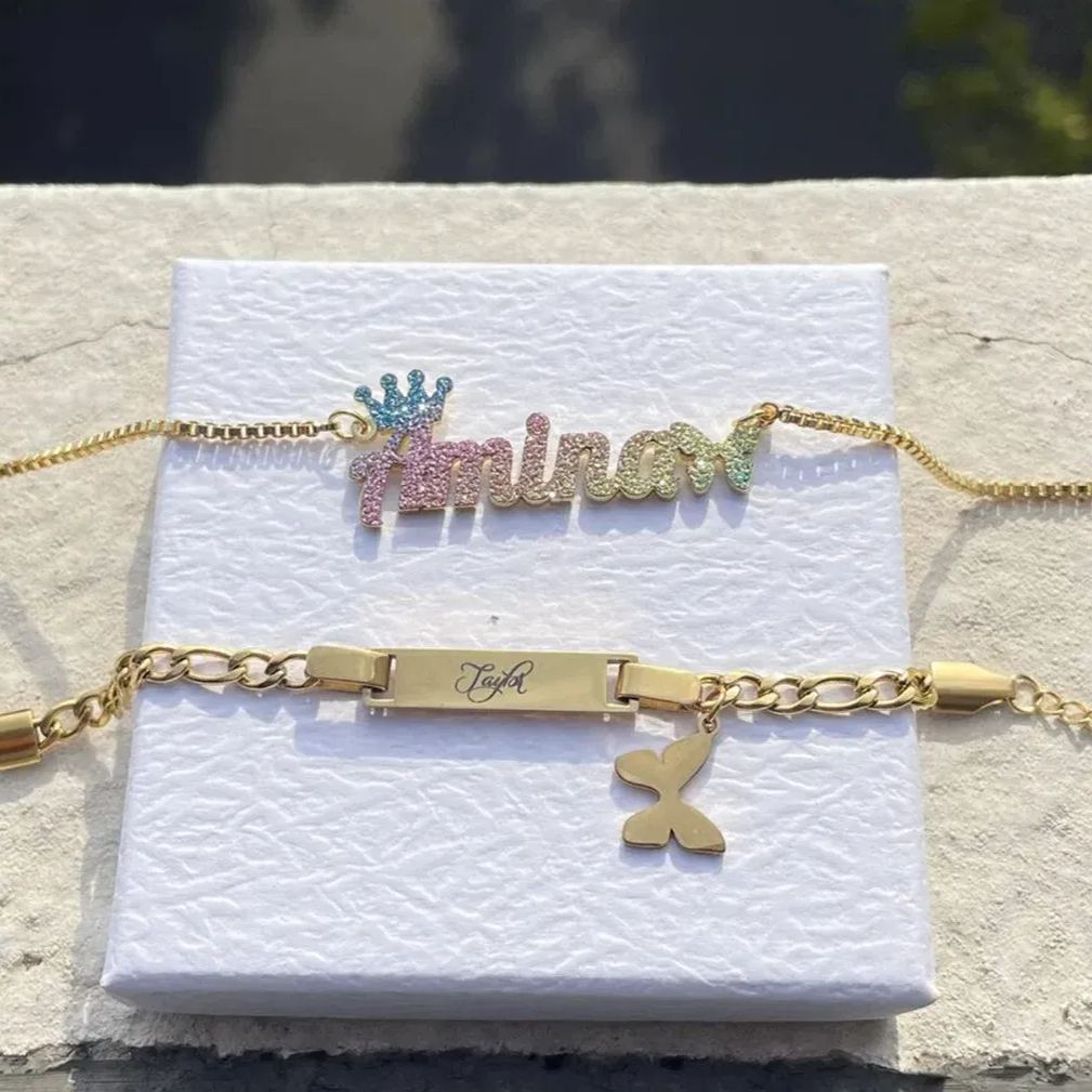 Personalized Colorful Butterfly Crown Name Necklace And Engraved Bracelet Set For Kids