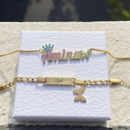 Personalized Colorful Butterfly Crown Name Necklace And Engraved Bracelet Set For Kids