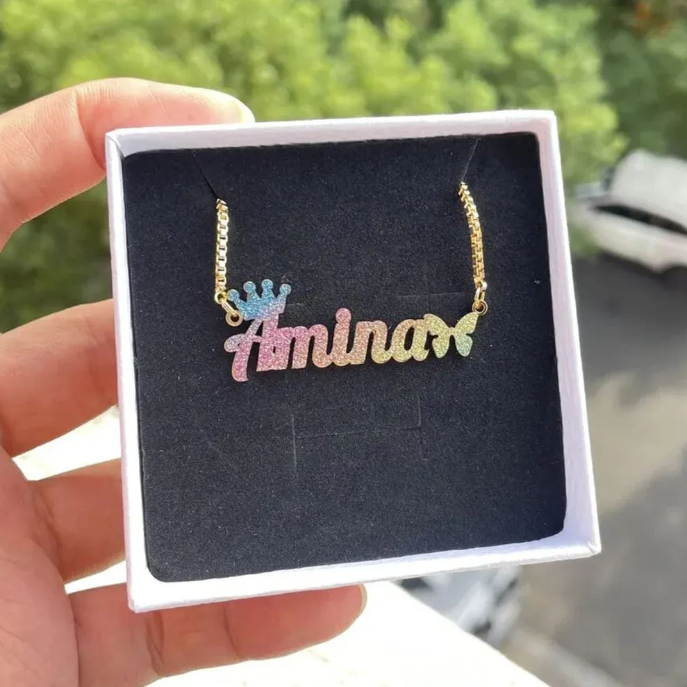 Personalized Colorful Butterfly Crown Name Necklace And Engraved Bracelet Set For Kids