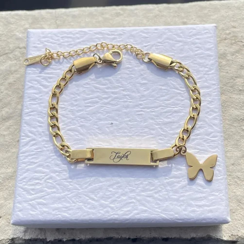 Personalized Colorful Butterfly Crown Name Necklace And Engraved Bracelet Set For Kids