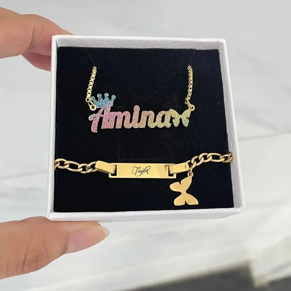 Personalized Colorful Butterfly Crown Name Necklace And Engraved Bracelet Set For Kids