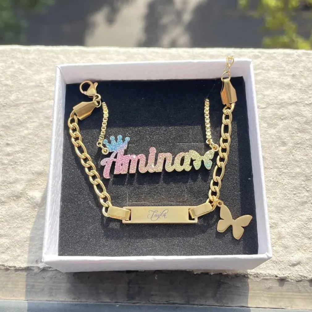 Personalized Colorful Butterfly Crown Name Necklace And Engraved Bracelet Set For Kids