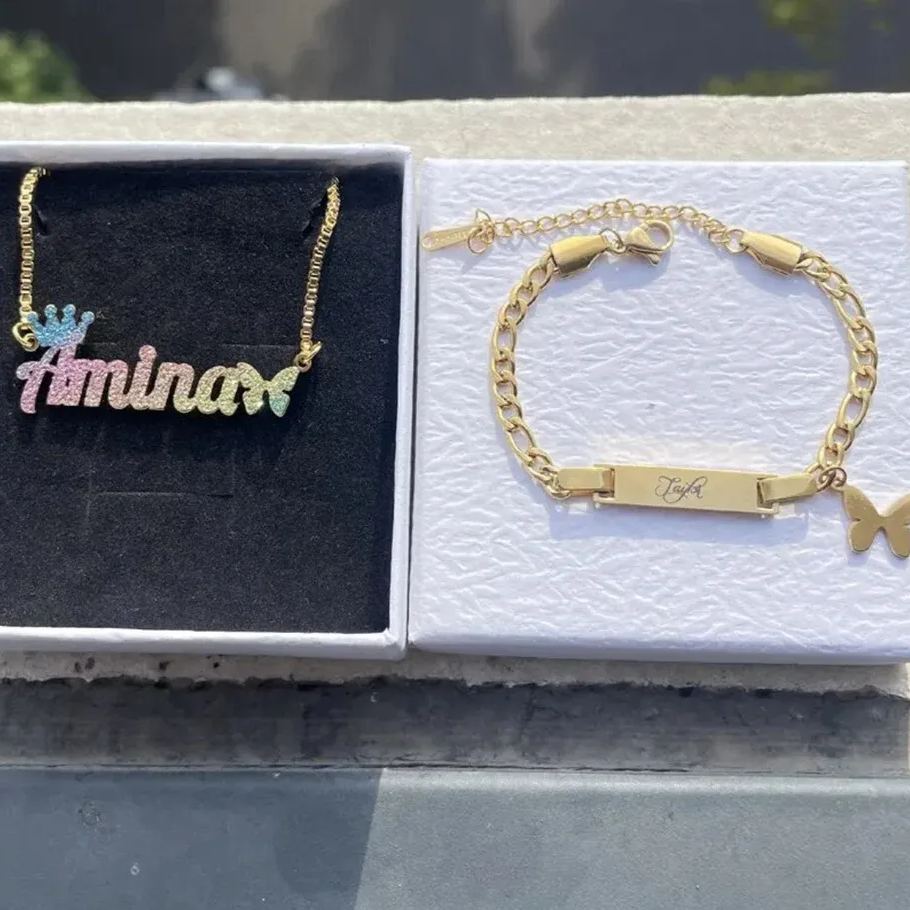 Personalized Colorful Butterfly Crown Name Necklace And Engraved Bracelet Set For Kids