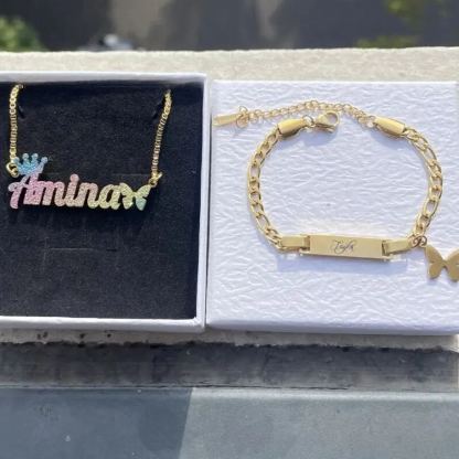 Personalized Colorful Butterfly Crown Name Necklace And Engraved Bracelet Set For Kids