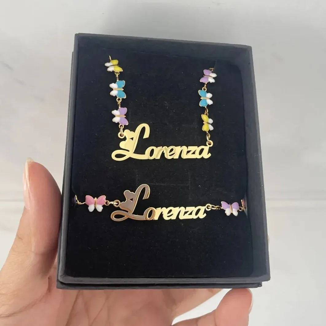 Colorful Butterfly Chain Personalized Custom Name Necklace And Name Bracelet Set