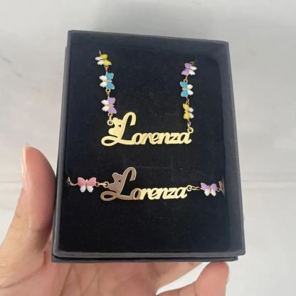 Colorful Butterfly Chain Personalized Custom Name Necklace And Name Bracelet Set