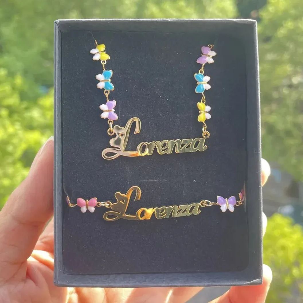 Colorful Butterfly Chain Personalized Custom Name Necklace And Name Bracelet Set