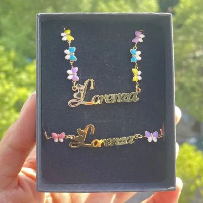 Colorful Butterfly Chain Personalized Custom Name Necklace And Name Bracelet Set