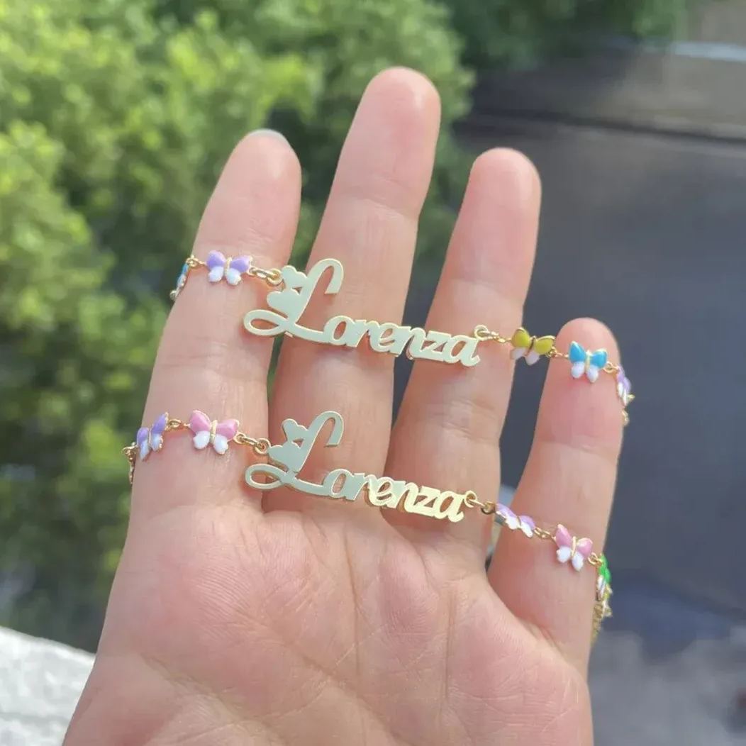 Colorful Butterfly Chain Personalized Custom Name Necklace And Name Bracelet Set