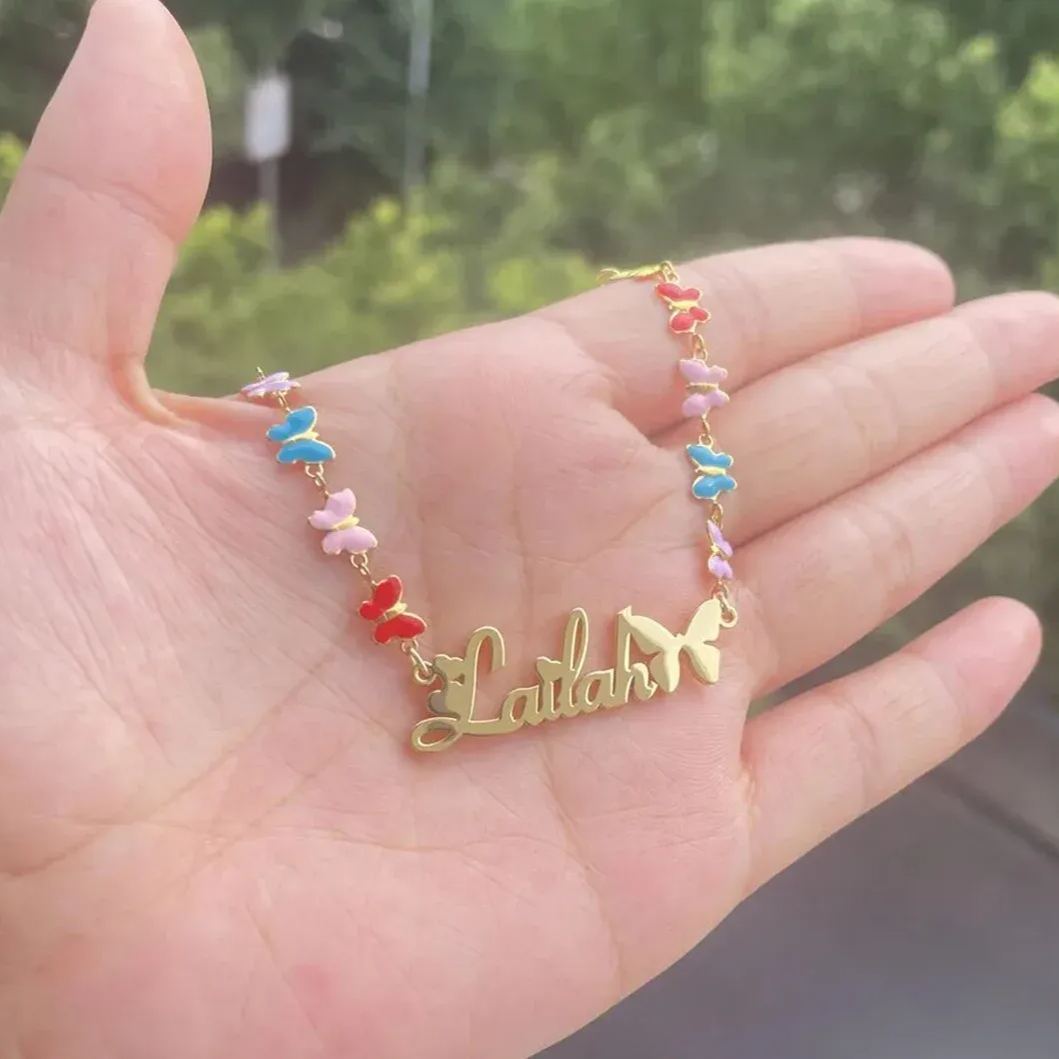 Colorful Butterfly Chain Personalized Custom Name Necklace And Name Bracelet Set