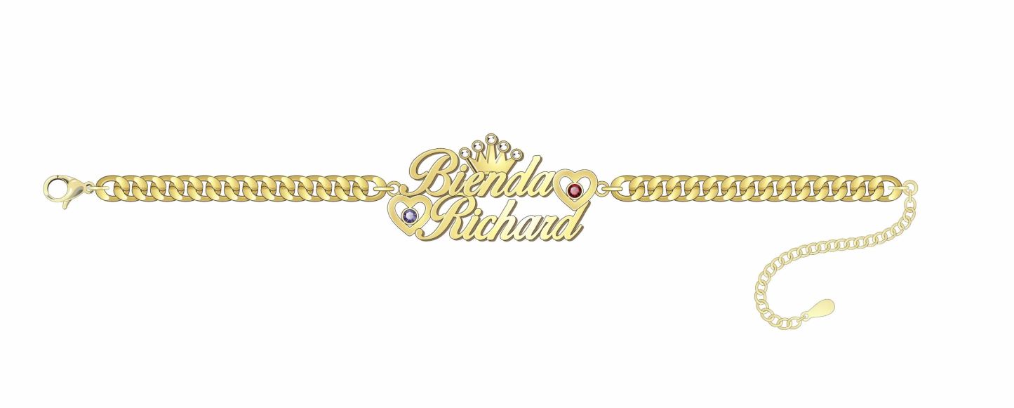 Crown Nameplate Personalized Birthstone Two Name Bracelet