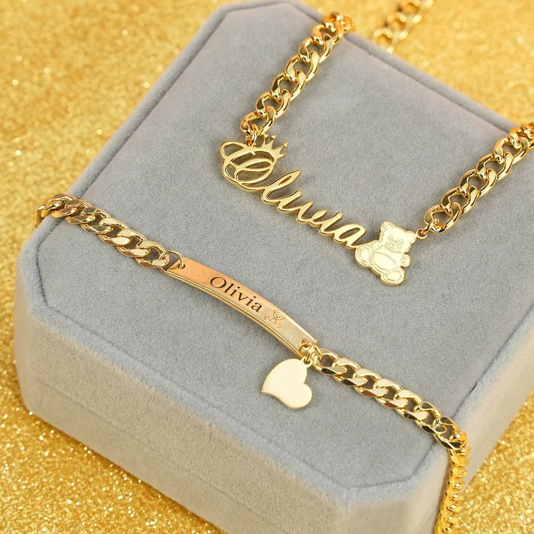 Personalized Crown and Teddy Bear Nameplate Necklace and Heart Pendant Engraved Bar Name Bracelet Set