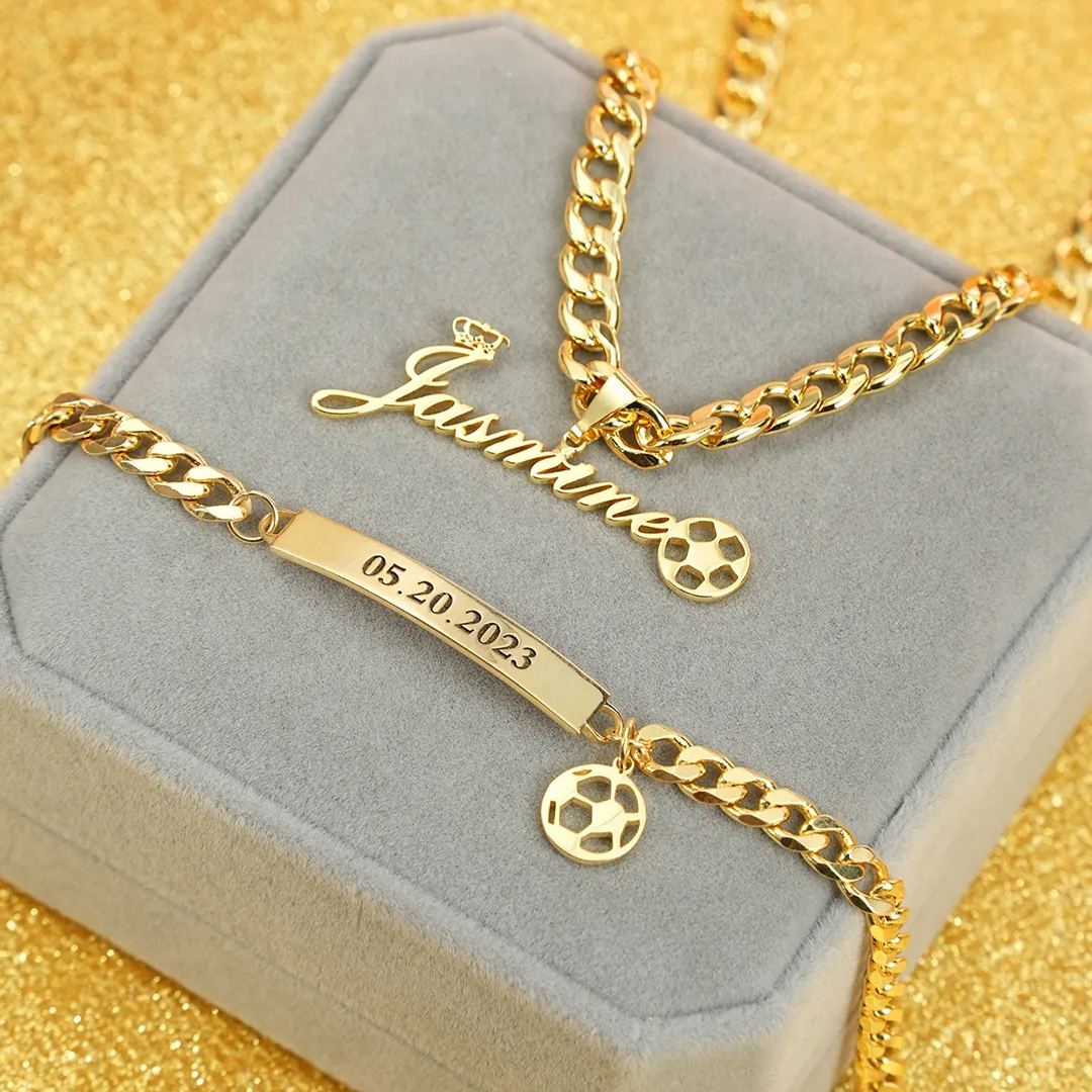 Personalized Kids Football Soccer Crown Name Necklace Engraved Bracelet Set