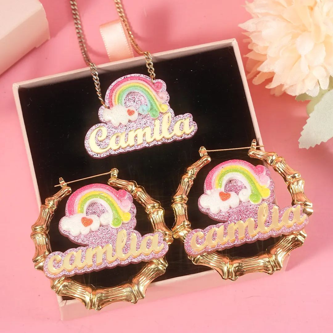 Cute Rainbow Acrylic Personalized Colorful Name Necklace and Bamboo Earrings Set