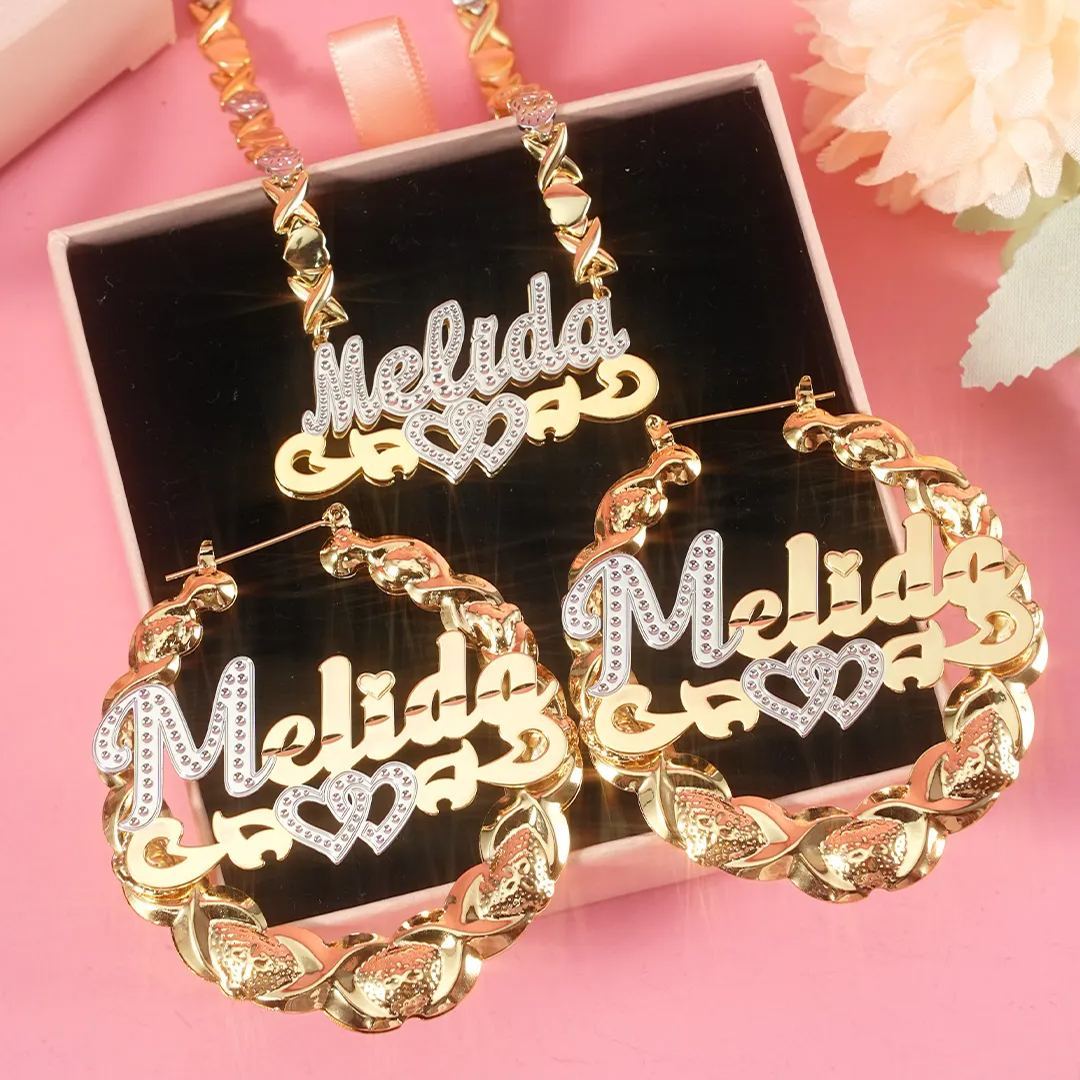 Double Layer Two Tone Personalized Two Hearts Name Necklace And Bamboo Earring Set