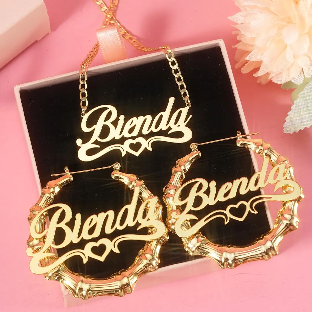 Personalized Double Plated Hollow Heart Name Necklace Bamboo Earrings Set
