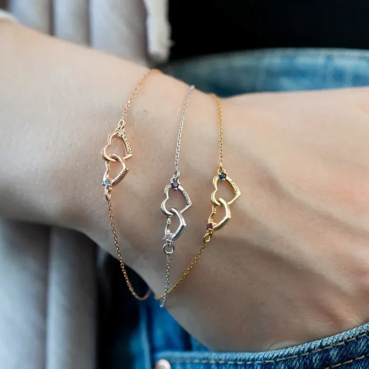 Personalized Interlocking Heart Bracelet With Birthstone Valentine's Day