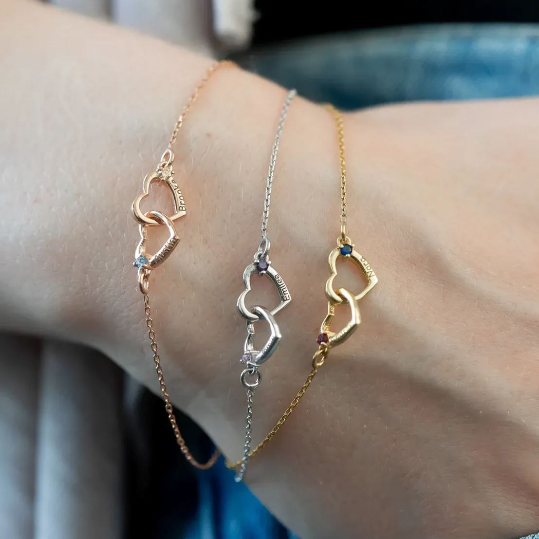 Personalized Interlocking Heart Bracelet With Birthstone Valentine's Day