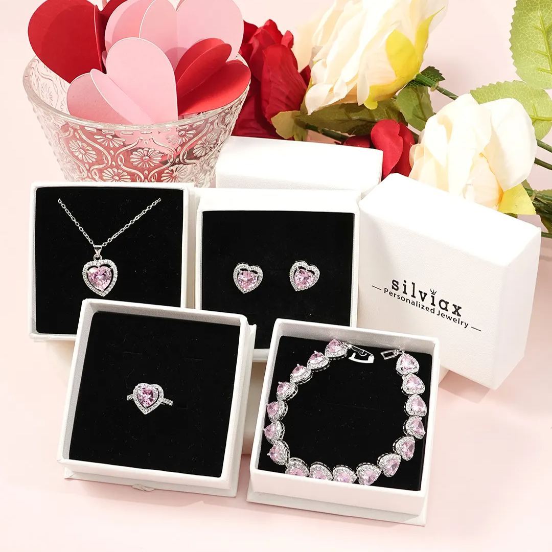 Pink Heart Zircon White Gold Necklace Bracelet Ring and Earrings Four Piece Valentines Jewelry