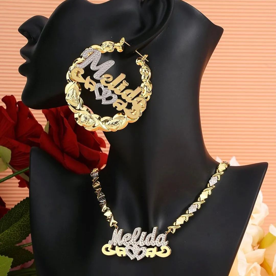 Double Layer Two Tone Personalized Two Hearts Name Necklace And Bamboo Earring Set