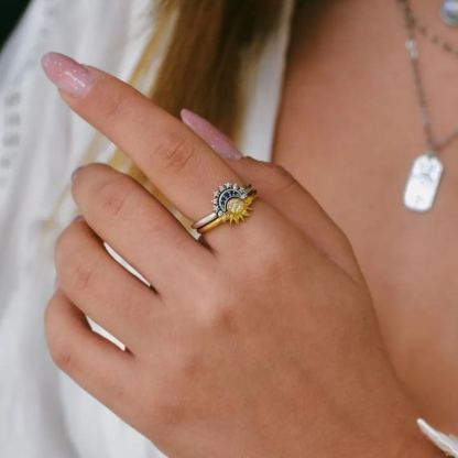 Sun And Moon Zircon Stone Silver Ring Set Custom Engraved Ring