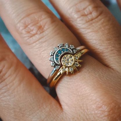 Sun And Moon Zircon Stone Silver Ring Set Custom Engraved Ring