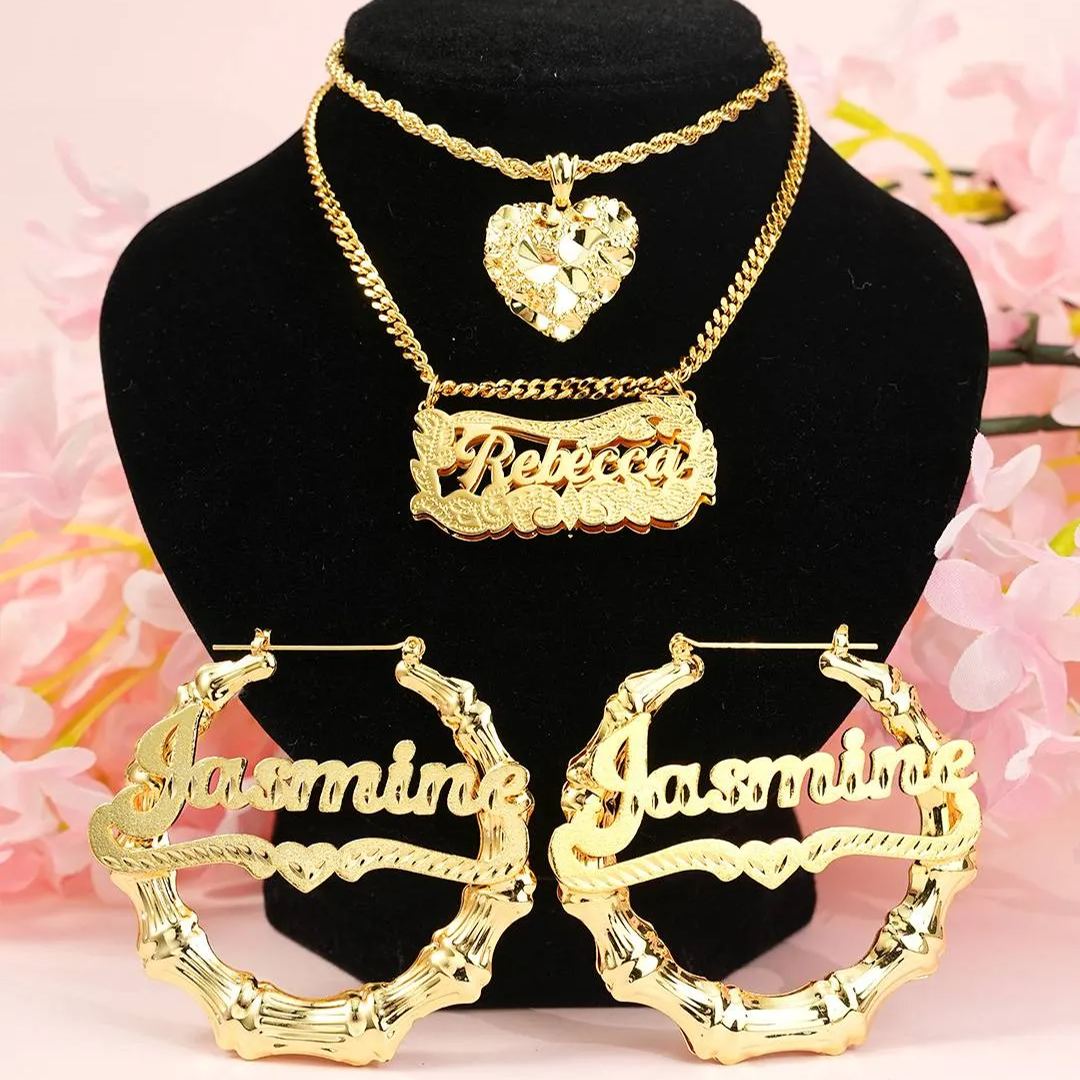 Personalized Double Layer Name Necklace And Bamboo Name Earrings Amd Nugget Heart Necklace Custom Three Peice Set