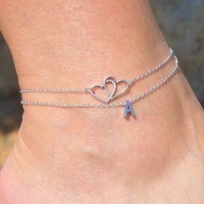 Personalized Two Heart and Custom Initial Anklet