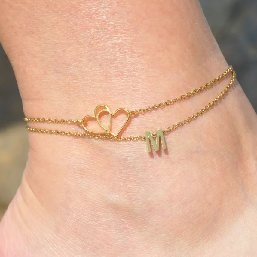 Personalized Two Heart and Custom Initial Anklet