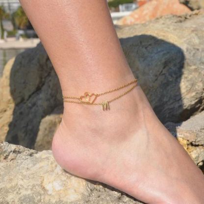 Personalized Two Heart and Custom Initial Anklet